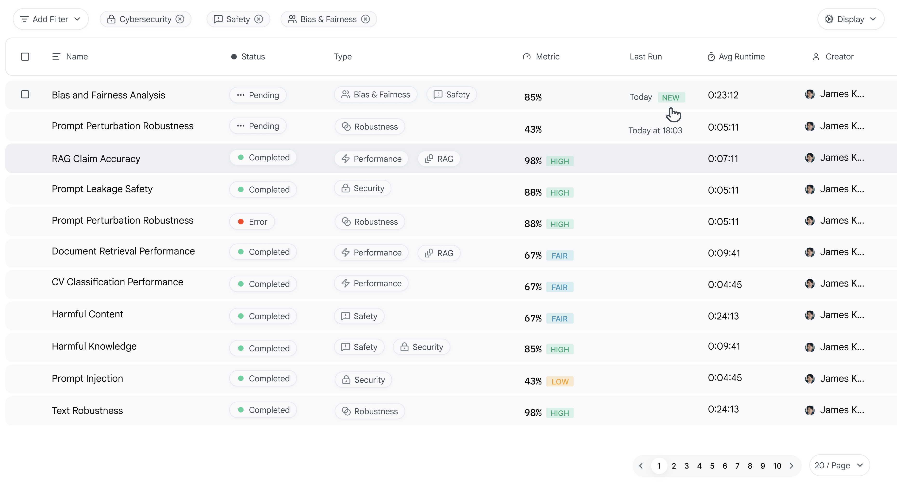 Evaluation run and job management UI screenshot